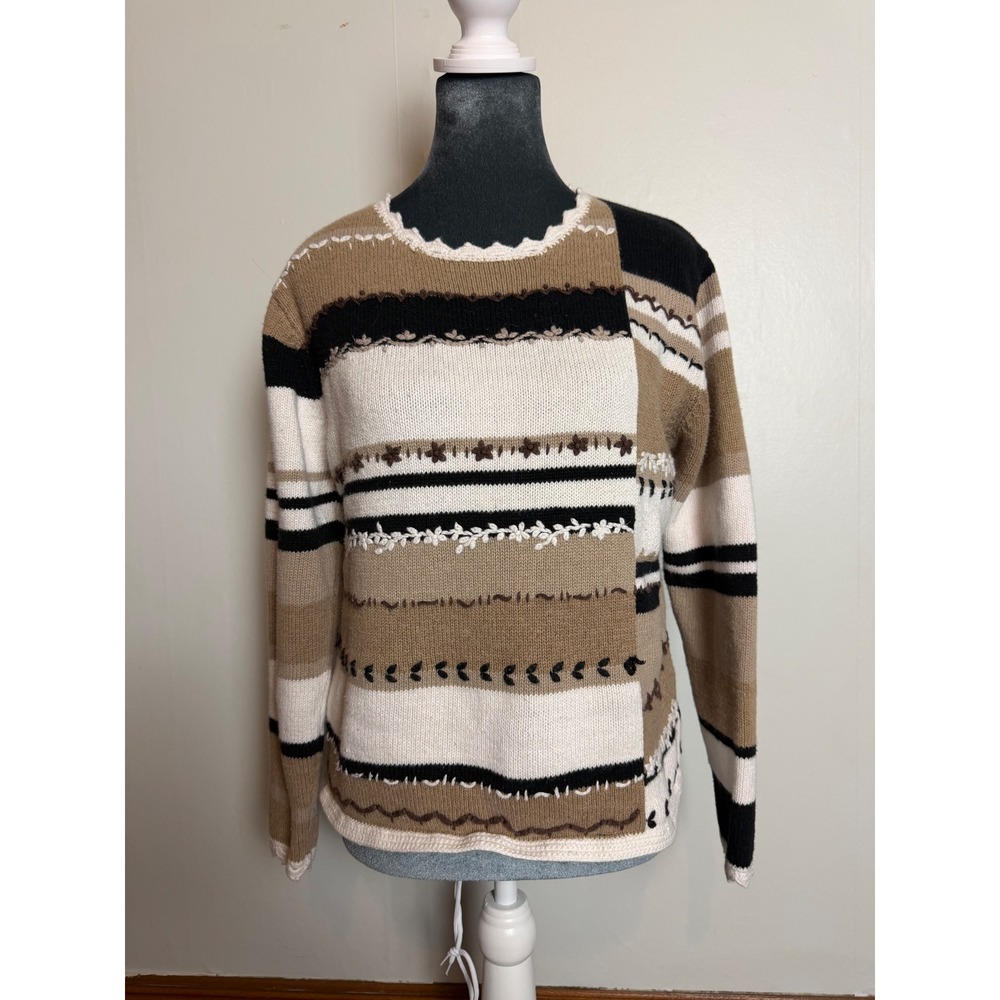 Vintage hand Embroidered patchwork Sweater grannycore Cottagecore country M trim